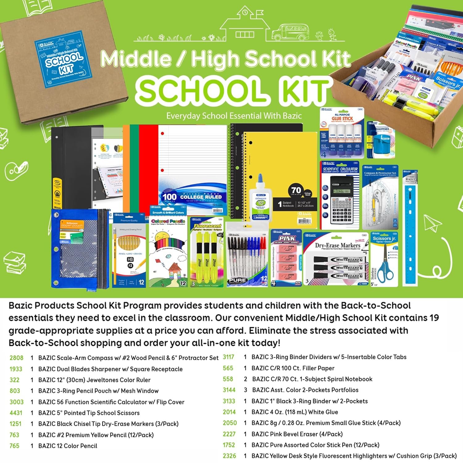 Bazic Elementary Back To School Kit Supply Box Details